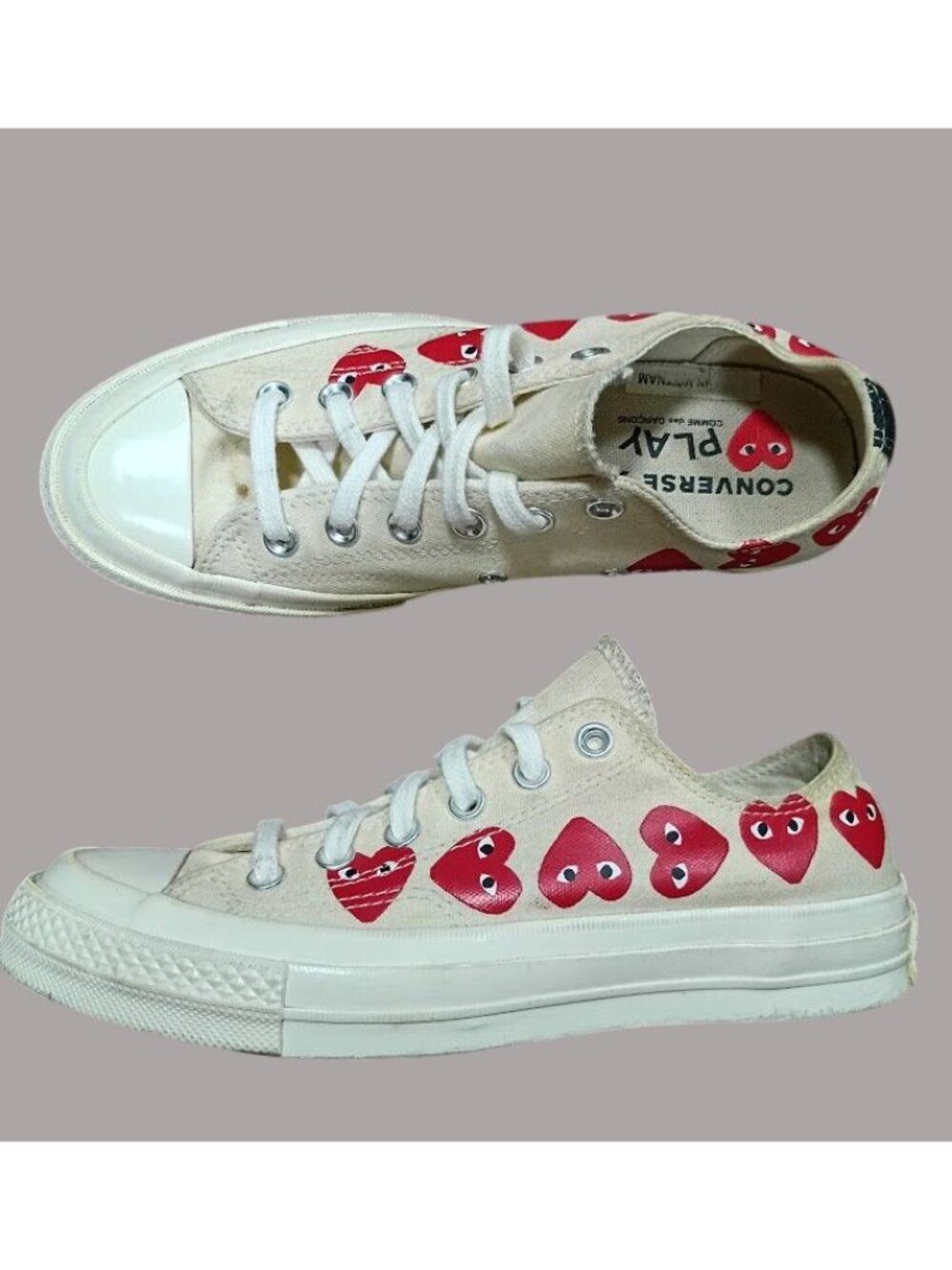 Converse Play Women 8 Mens 6 Low Chuck TaylorBeige W/ Red Hearts - Picture 2 of 15